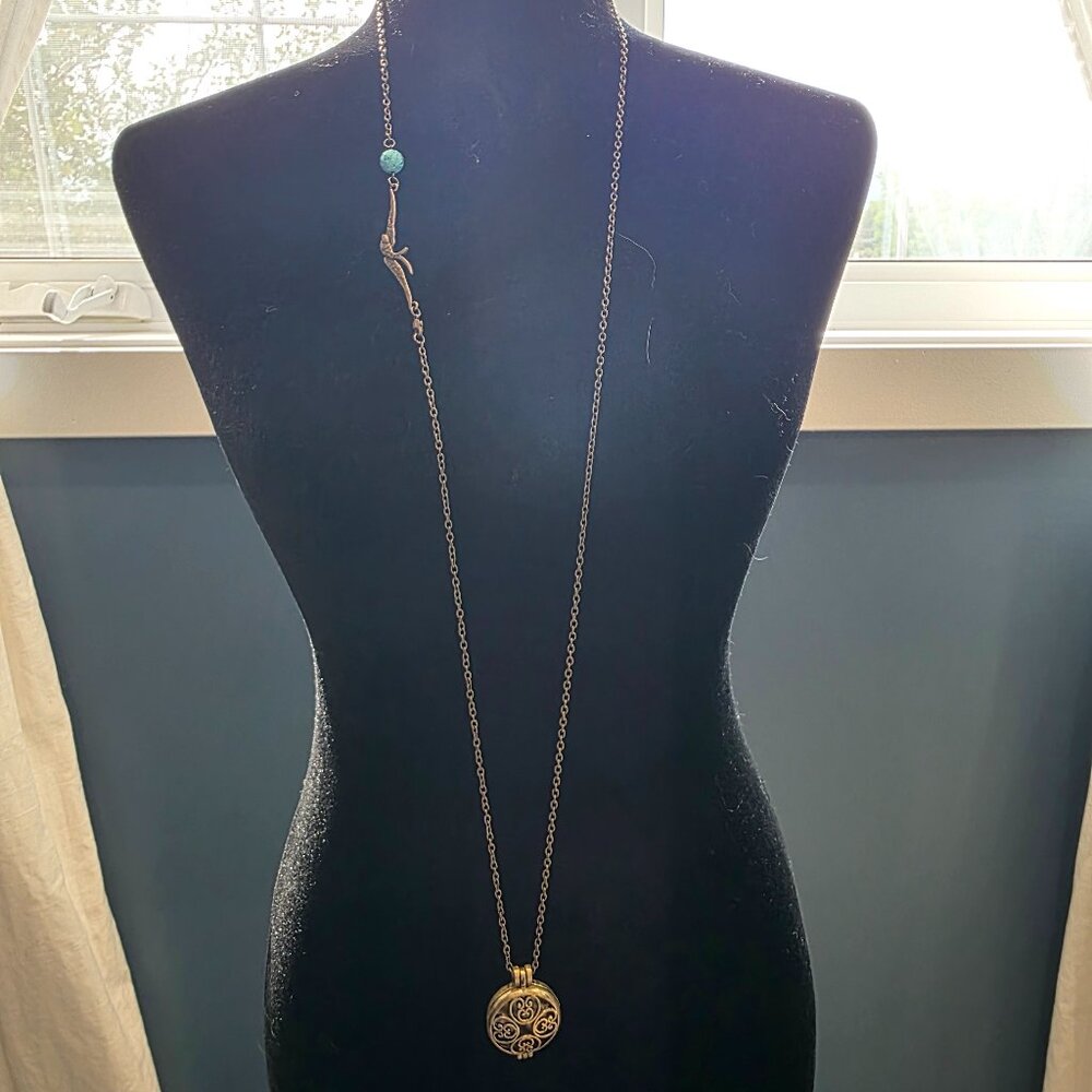 Long Distressed Gold Locket with Bird Accent Necklace